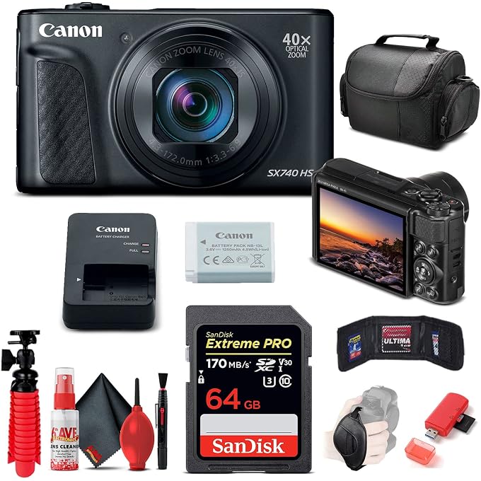 Canon PowerShot SX740 HS Digital Camera, 40x Zoom Starter (Black) Bundle | For Photography & Video | Bluetooth | 4K UHD Video | UHD + 64GB Memory Card + Tripod + Cleaning Kit + Card Reader + More - Image 1
