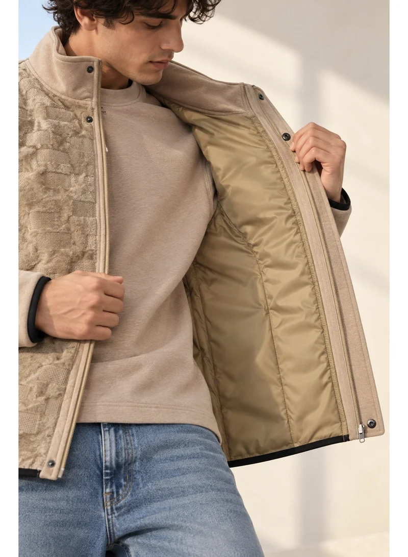 تي جي تي Men's Textured Zip-Up Jacket – Quilted Lining Stand Collar Coat