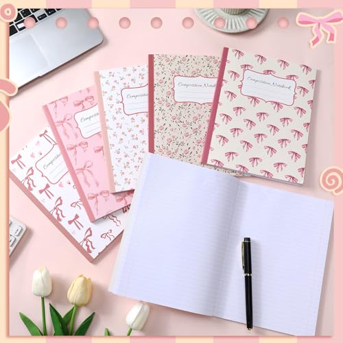 Fullhawl 6 Pcs Bow Composition Notebooks, Preppy Coquette Notebook College Ruled Journal, 110 Page, Cute Back to School Gift for Teacher, Student, First Day of Schooll(Pink,9-3/4 x 7-1/2") - Image 4
