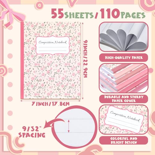 Fullhawl 6 Pcs Bow Composition Notebooks, Preppy Coquette Notebook College Ruled Journal, 110 Page, Cute Back to School Gift for Teacher, Student, First Day of Schooll(Pink,9-3/4 x 7-1/2") - Image 2