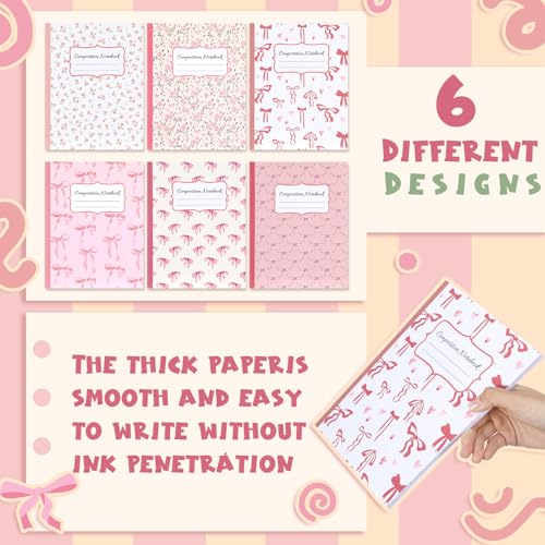 Fullhawl 6 Pcs Bow Composition Notebooks, Preppy Coquette Notebook College Ruled Journal, 110 Page, Cute Back to School Gift for Teacher, Student, First Day of Schooll(Pink,9-3/4 x 7-1/2") - Image 3