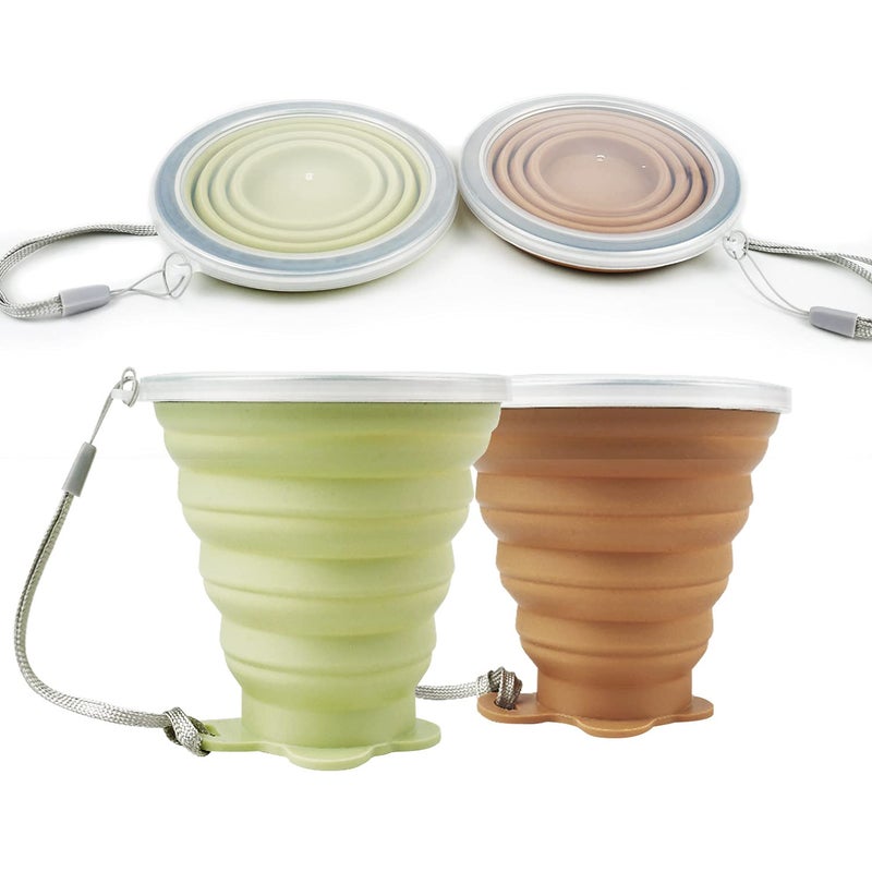 JBER Silicone Collapsible Travel Cup Silicone Folding Camping Cup with Lids Expandable Drinking Cup for Outdoor Hiking Travel Yellow Green  Light Brown