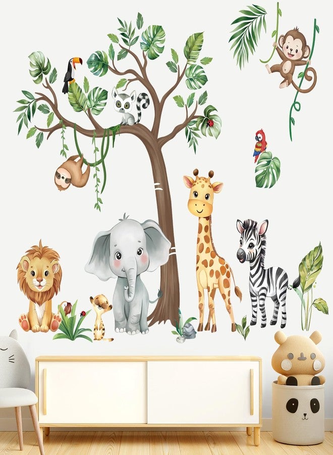 decalmile Wall Sticker Jungle Forest Animals Tree Wall Sticker Safari Elephant Giraffe Monkey Wall Sticker Baby Room Bedroom Classroom Wall Decoration - Image 1