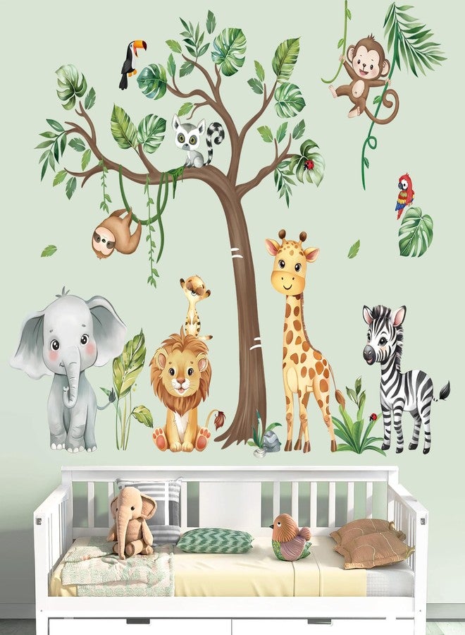 decalmile Wall Sticker Jungle Forest Animals Tree Wall Sticker Safari Elephant Giraffe Monkey Wall Sticker Baby Room Bedroom Classroom Wall Decoration - Image 2