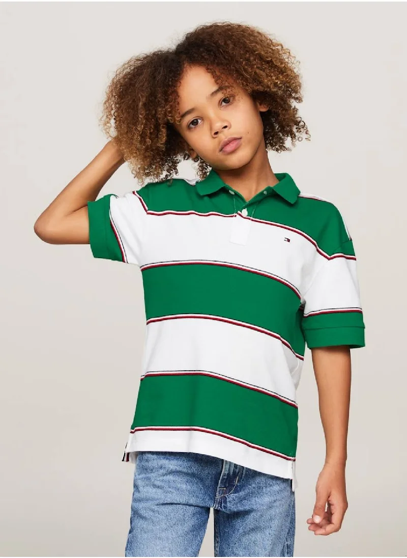 TOMMY HILFIGER Boys' Global Stripe Rugby Polo -  Pure cotton, White/ Green