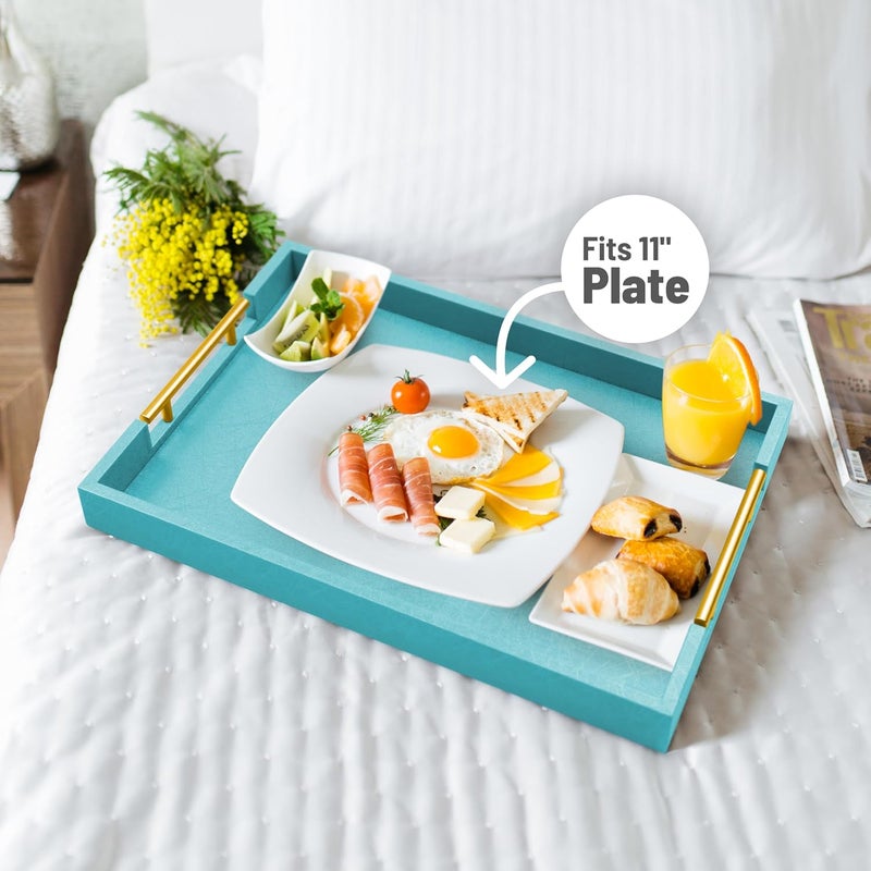 ATZYmolin 17" x 12" Wood Serving Tray with Gold Polished Metal Handles, Home Decorative Wooden Rectangle Ottoman Leather Decor Platter Bathroom Vanity Tray for All Occasions Blue - Image 3