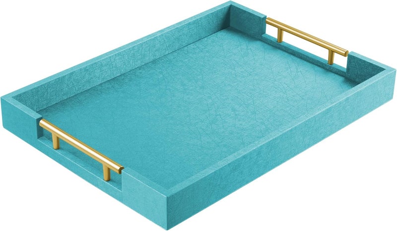 ATZYmolin 17" x 12" Wood Serving Tray with Gold Polished Metal Handles, Home Decorative Wooden Rectangle Ottoman Leather Decor Platter Bathroom Vanity Tray for All Occasions Blue - Image 1