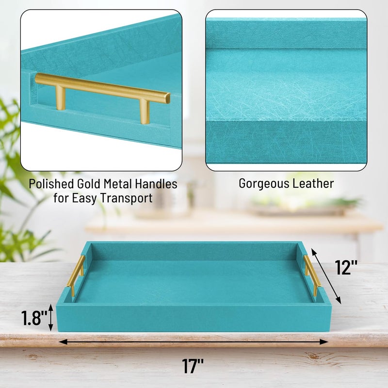 ATZYmolin 17" x 12" Wood Serving Tray with Gold Polished Metal Handles, Home Decorative Wooden Rectangle Ottoman Leather Decor Platter Bathroom Vanity Tray for All Occasions Blue - Image 2
