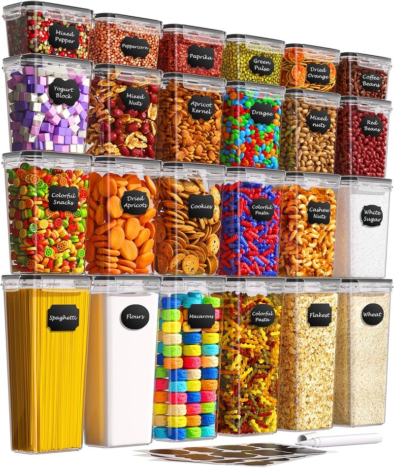 KEMETHY Airtight Food Storage Containers with Lids, 24 PCS Kitchen and Pantry Organization Canisters, BPA-Free, PVC-Free, Food-grade Plastic Leak-proof Jars for Cereal, Flour, Sugar, Extra 24 Labels & Marker - Image 1
