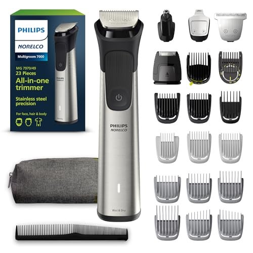 Philips Norelco Multigroom 7000 Series, All-in-One Trimmer, Beard Trimmer and Hair Clipper, 23-Piece Men's Grooming Kit for Beard, Face, Nose, Ear, Body, with Titanium Blades, Travel Pouch, MG7970/49