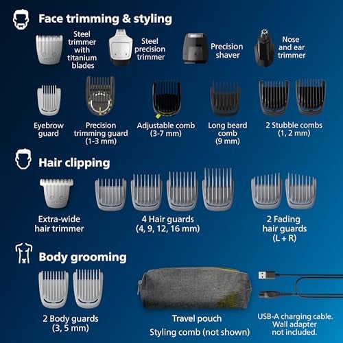 Norelco Philips Norelco Multigroom 7000 Series, All-in-One Trimmer, Beard Trimmer and Hair Clipper, 23-Piece Men's Grooming Kit for Beard, Face, Nose, Ear, Body, with Titanium Blades, Travel Pouch, MG7970/49 - Image 2