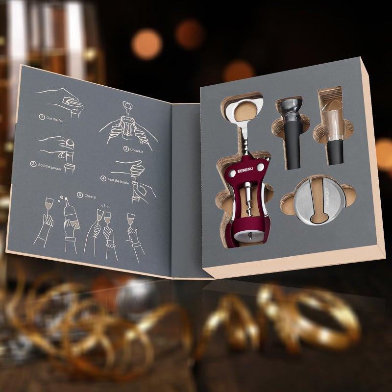 Beneno Multifunctional Wine Bottle Opener Gift Set - Wing Corkscrew, Foil Cutter, Vacuum Stopper & Aerator Pourer, Perfect for Wine Lovers Man Woman, Purple Set - Image 3