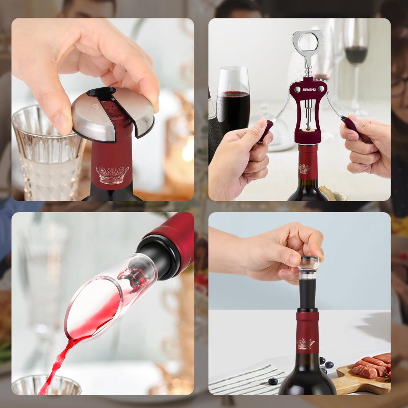 Beneno Multifunctional Wine Bottle Opener Gift Set - Wing Corkscrew, Foil Cutter, Vacuum Stopper & Aerator Pourer, Perfect for Wine Lovers Man Woman, Purple Set - Image 4