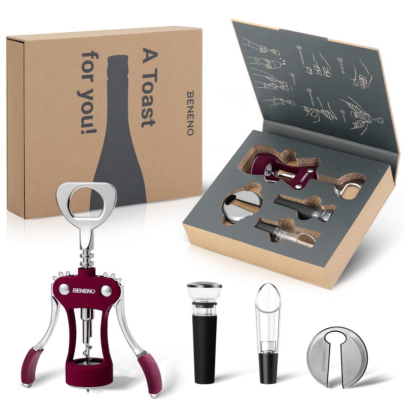 Beneno Multifunctional Wine Bottle Opener Gift Set - Wing Corkscrew, Foil Cutter, Vacuum Stopper & Aerator Pourer, Perfect for Wine Lovers Man Woman, Purple Set - Image 1