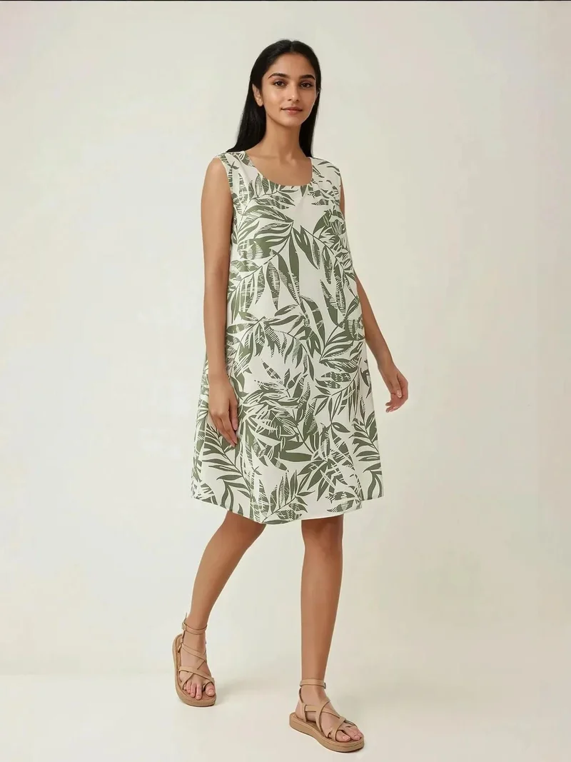 زوبعة فستان قصير بلا أكمام بتصميم - مزين بالزهور