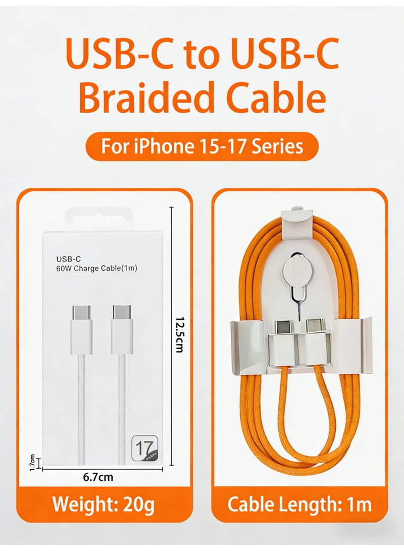 USB-C to USB-C Cable 60W Fast Charging Braided Charger Cord 1M 480Mbps Data Transfer for iPhone 15/16/17 Series - Image 2