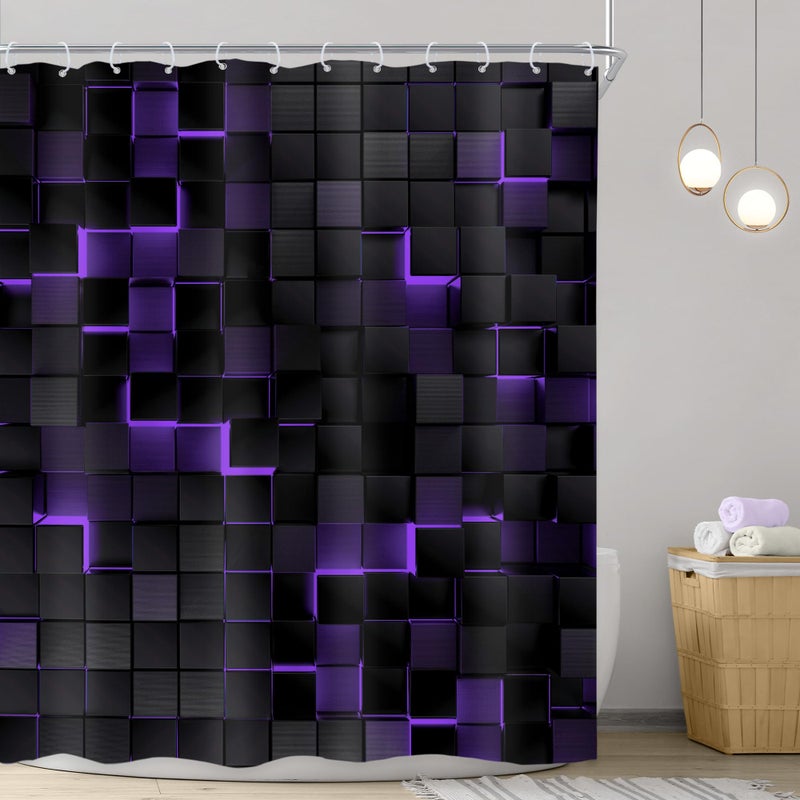 Riyidecor Black Purple Wall Shower Curtain 60Wx72H Inch Abstract Brick Modern 3D Gradient Design Futuristic Geometric Plaid Cubes Man Boys Cool Bathroom Decor Fabric Polyester Waterproof 12 Pack Hooks - Image 2