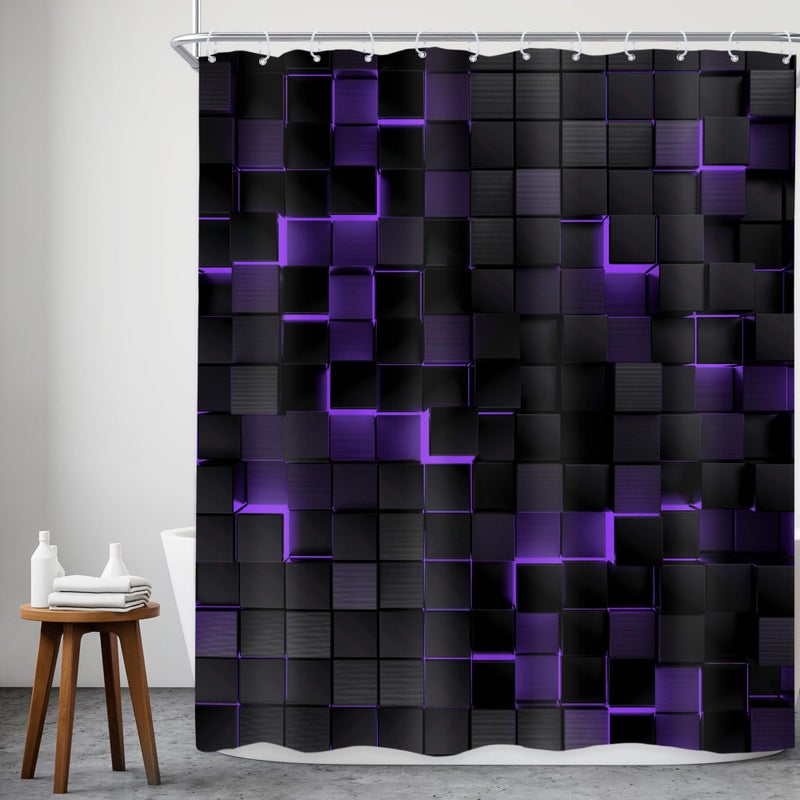 Riyidecor Black Purple Wall Shower Curtain 60Wx72H Inch Abstract Brick Modern 3D Gradient Design Futuristic Geometric Plaid Cubes Man Boys Cool Bathroom Decor Fabric Polyester Waterproof 12 Pack Hooks - Image 1