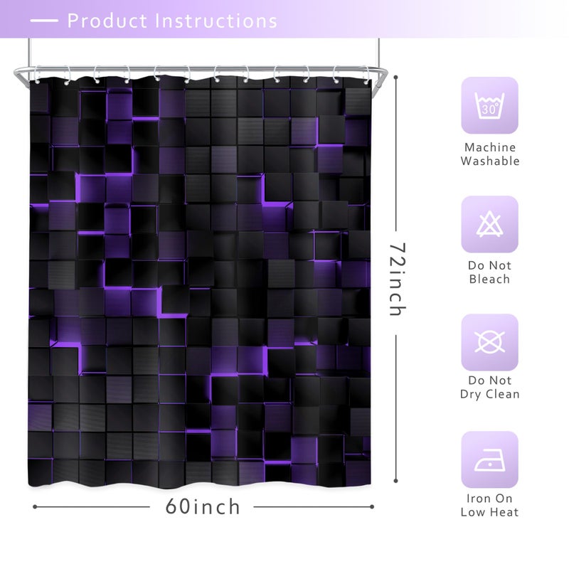 Riyidecor Black Purple Wall Shower Curtain 60Wx72H Inch Abstract Brick Modern 3D Gradient Design Futuristic Geometric Plaid Cubes Man Boys Cool Bathroom Decor Fabric Polyester Waterproof 12 Pack Hooks - Image 5