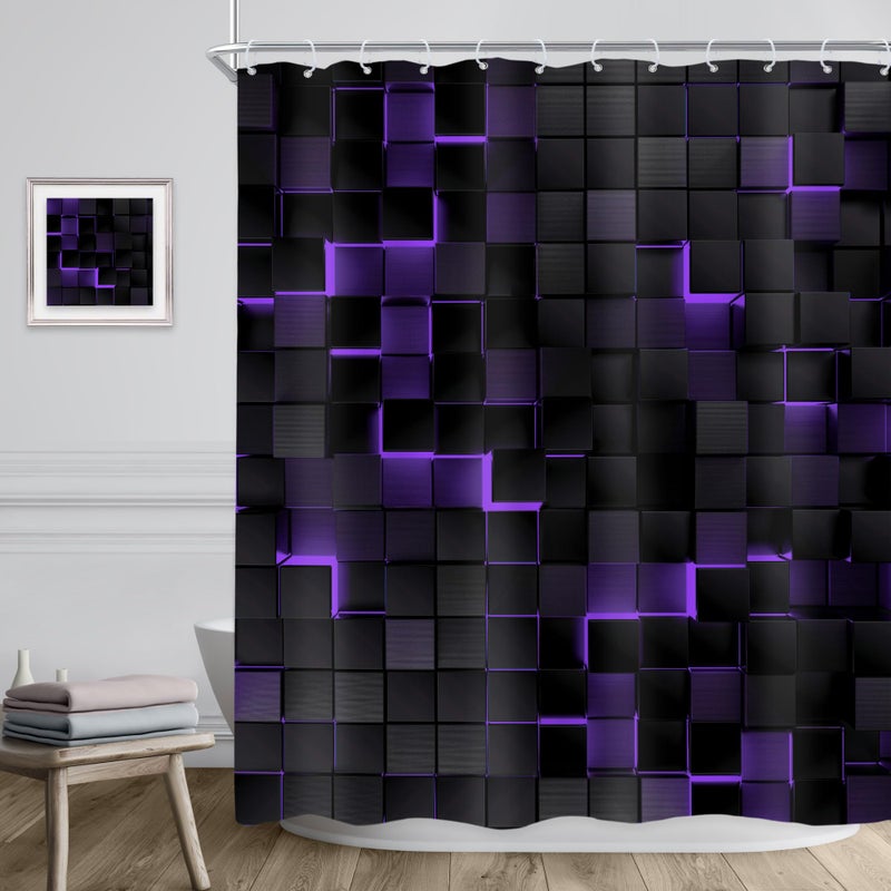 Riyidecor Black Purple Wall Shower Curtain 60Wx72H Inch Abstract Brick Modern 3D Gradient Design Futuristic Geometric Plaid Cubes Man Boys Cool Bathroom Decor Fabric Polyester Waterproof 12 Pack Hooks - Image 3