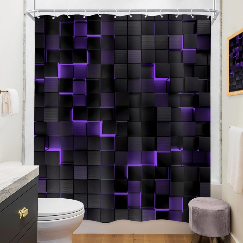 Riyidecor Black Purple Wall Shower Curtain 60Wx72H Inch Abstract Brick Modern 3D Gradient Design Futuristic Geometric Plaid Cubes Man Boys Cool Bathroom Decor Fabric Polyester Waterproof 12 Pack Hooks - Image 4