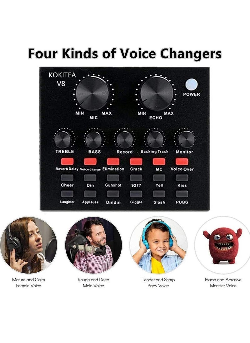V8 Sound Card With Bm-800 Condenser Microphone Mic Kit with Live Sound Card, Adjustable Mic Suspension Scissor Arm, Metal Shock Mount and Double-Layer