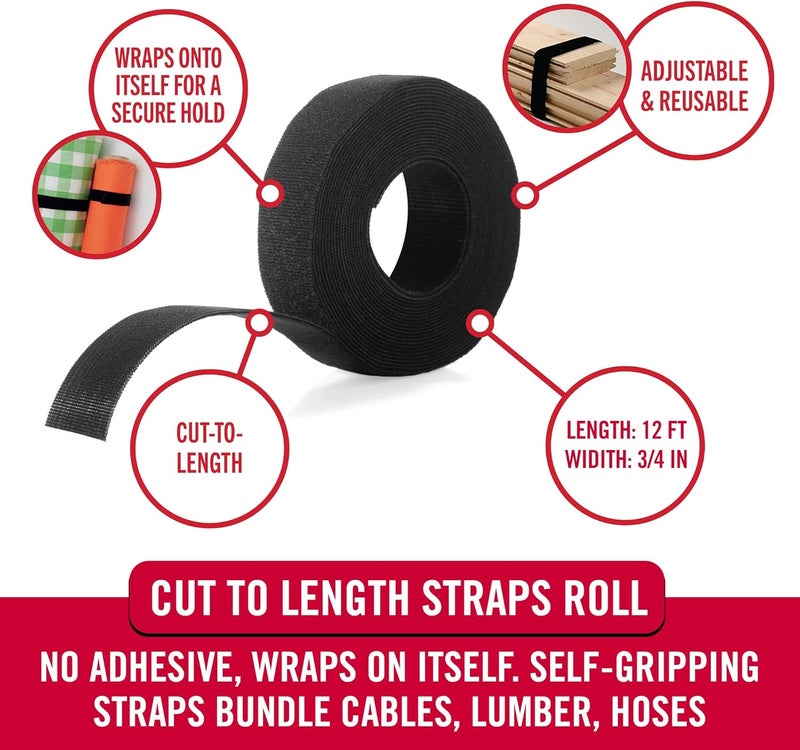 Velcro Brand - ONE-WRAP Roll, Double-Sided, Self Gripping Multi-Purpose Hook and Loop Tape, Reusable, 12' x 3/4" Roll - Black - Image 2