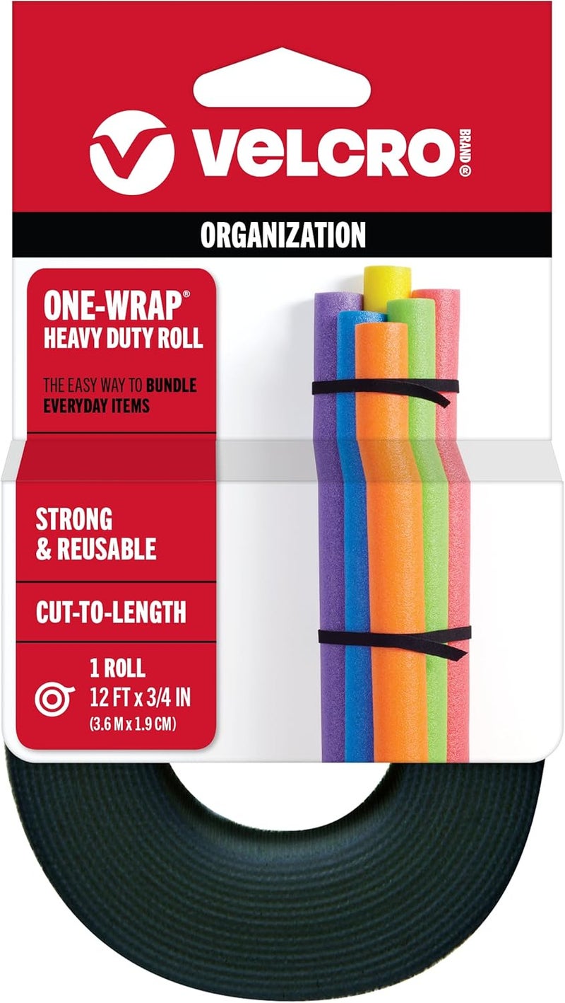 Velcro Brand - ONE-WRAP Roll, Double-Sided, Self Gripping Multi-Purpose Hook and Loop Tape, Reusable, 12' x 3/4" Roll - Black - Image 1
