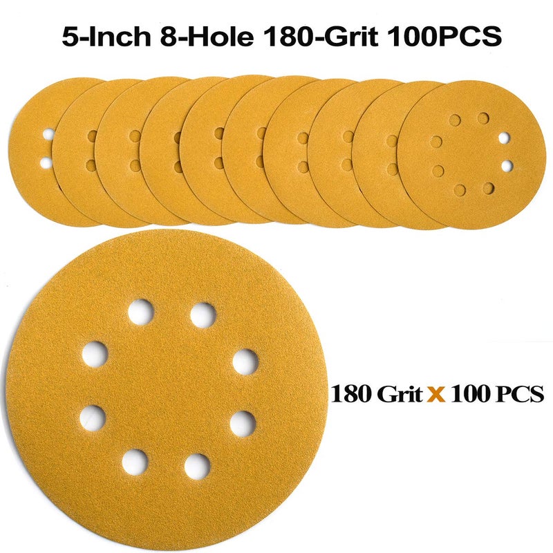 Aiyard 5-Inch 8-Hole Hook and Loop Sanding Discs 180-Grit Random Orbit Sandpaper, 100-Pack - Image 3