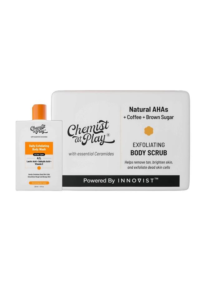 Chemist at Play Exfoliating Body Wash (4% AHA/BHA) 236ml & Exfoliating Body Scrub For Removing Tan & Dead Skin Cells | Rough & Bumpy Skin, Tanned & Pigmented Skin | For Smooth, Soft & Bright Skin | Natural AHAs | Coffee | For Men & Women | 75 Bundle - Image 1