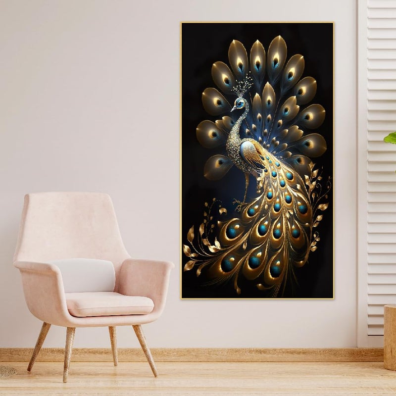 DEKORSTATION Panoramic Golden Peacock Design Canvas Framed Wall Painting for Living Room |Bedroom | Office | Drawing room |Hotel Wall Decoration (18 Inch x 12 Inch) - Image 3