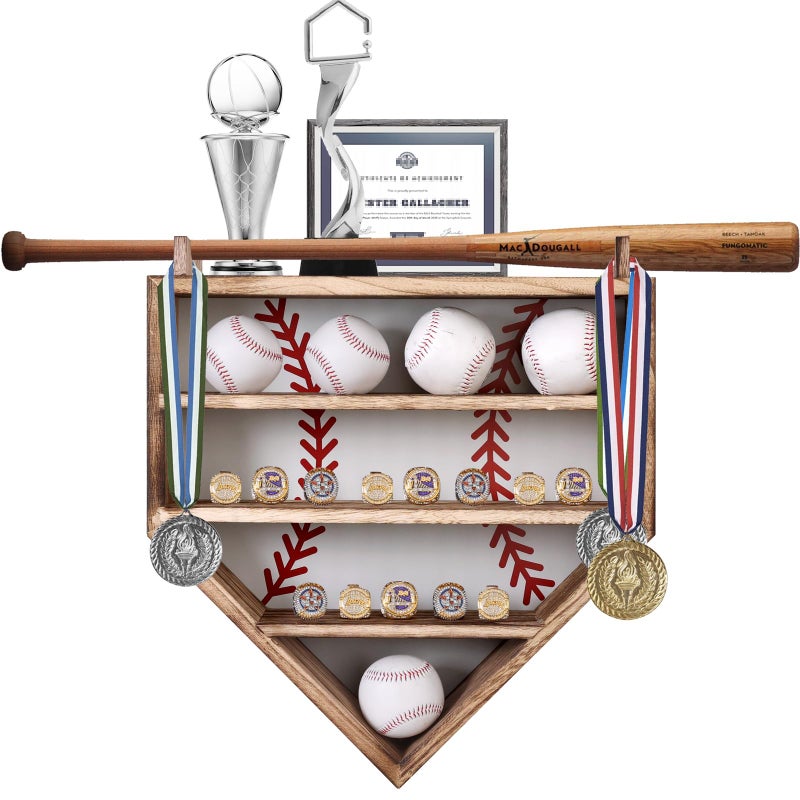 KAASTHAA Baseball Bat Display Case 17x17 Solid Wood Baseball Holder Display Case for 5 Balls and 13 Championship Rings Wall Mount Baseball Memorabilia Display Rack with Removable Back Panel - Image 2