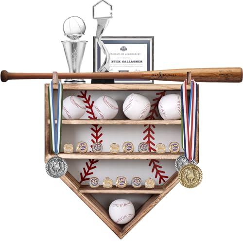 KAASTHAA Baseball Bat Display Case 17x17 Solid Wood Baseball Holder Display Case for 5 Balls and 13 Championship Rings Wall Mount Baseball Memorabilia Display Rack with Removable Back Panel - Image 1