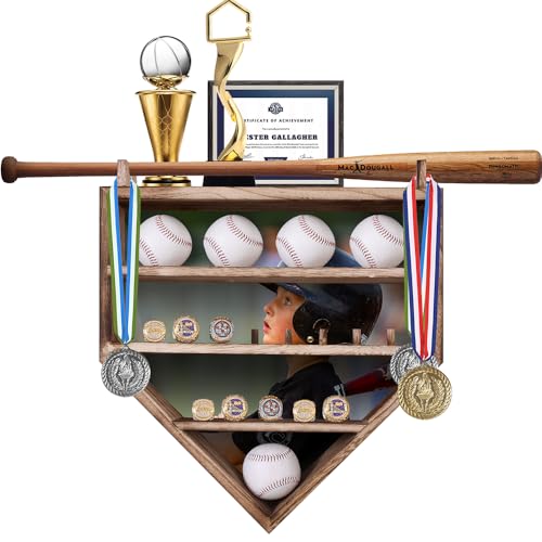 KAASTHAA Baseball Bat Display Case 17x17 Solid Wood Baseball Holder Display Case for 5 Balls and 13 Championship Rings Wall Mount Baseball Memorabilia Display Rack with Removable Back Panel - Image 3