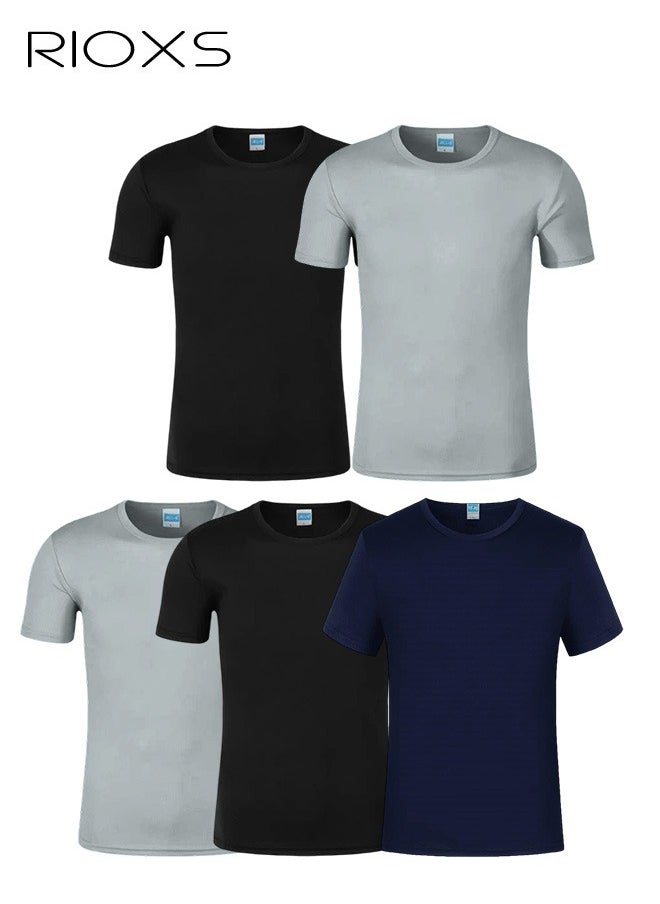 RIOXS 5 Pack T-Shirt For Men, Quick Dry Sports Tee Shirt, Men's Crew Neck T-Shirts Summer Basic Tops, Quick Dry Wicking T Shirts, Athletic Running Gym Workout Short Sleeve Tee Tops Bulk, Sports Casual Undershirt  - Image 1