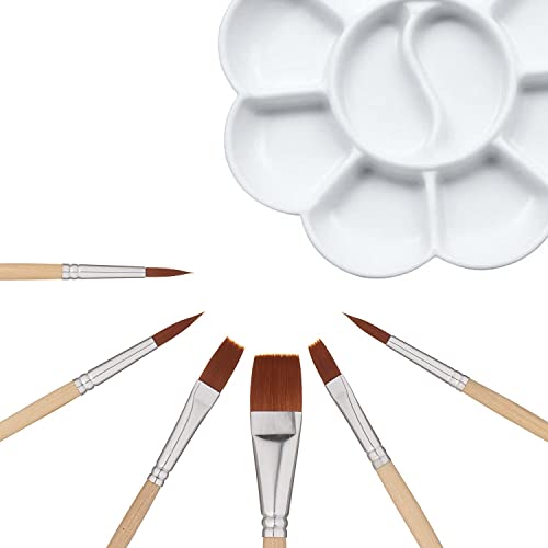 DEZIINE�.Fx1Pcs Small FlowerPalette and 3Pcs Flat and 3Pcs Round Paint Brush Set with Short Wood Handles Color Mixing Palette Paint Plate Draw Palette - White - Image 2