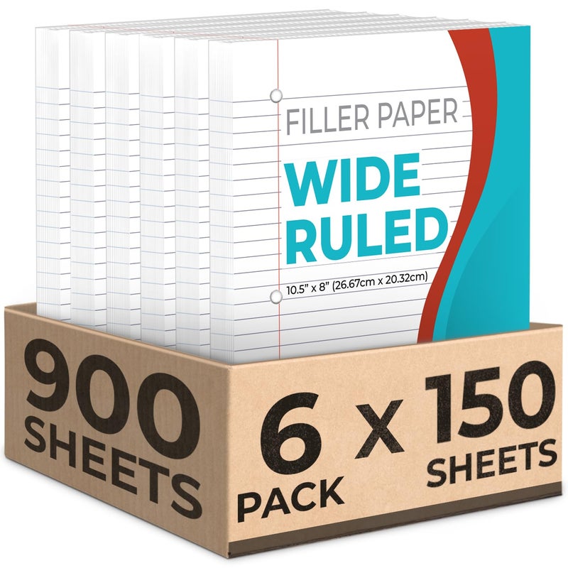 Rosmonde Loose Leaf Paper, 900 Sheets, 6 Pack, Wide Ruled, 8" x 10.5", Bulk Office Filler Sheets, 3 Hole Punched, 150 Sheets/Pack, Wide Ruled for 3 Ring Binder, Filler Notebook Paper, White - Image 1
