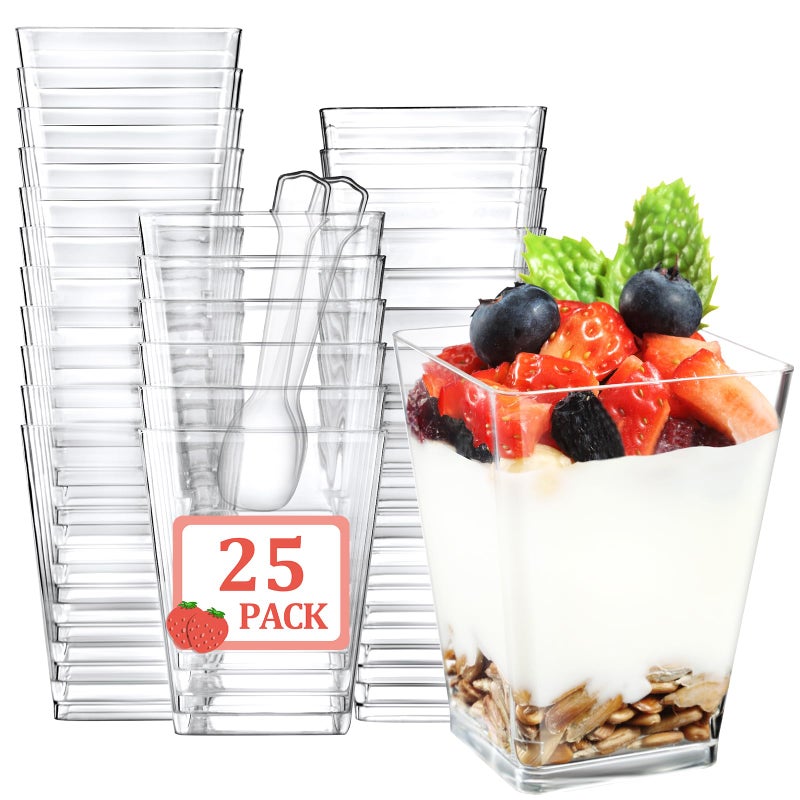 Eupako 25 Pack 5 OZ Plastic Mini Dessert Cups with Spoons - Clear Small Parfait Cups, Square Appetizer Cups for Fruit, Pudding, Mousse, Ice Cream, Party, Wedding, Valentine's Day - Image 1