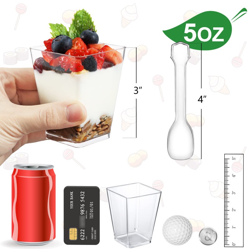 Eupako 25 Pack 5 OZ Plastic Mini Dessert Cups with Spoons - Clear Small Parfait Cups, Square Appetizer Cups for Fruit, Pudding, Mousse, Ice Cream, Party, Wedding, Valentine's Day - Image 2