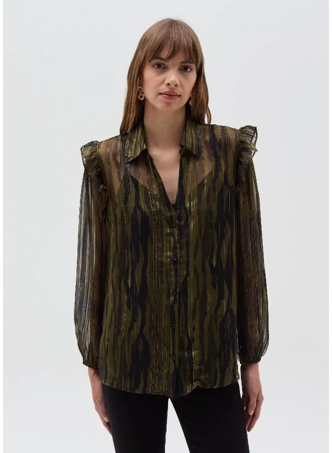 او في اس بلوزة شبه شفافة مموهة بخيوط لامعة