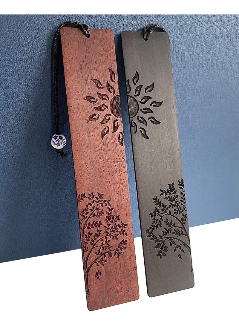 علامة كتب خشبية، علامات كتب هدية للرجال والنساء، ملحقات علامة الكتب (الشمس والشجرة) - Image 2