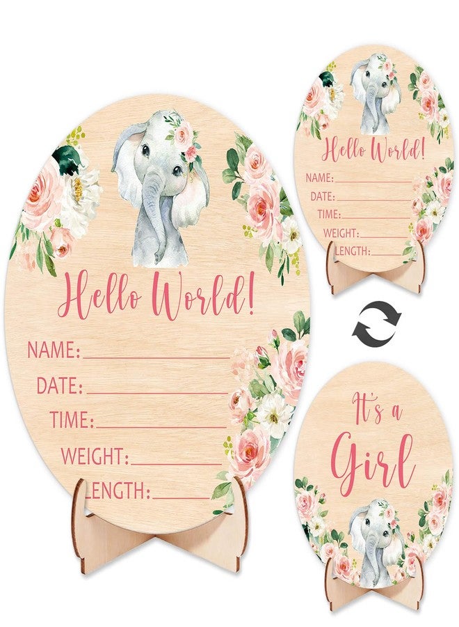 Andrain Double-Sided Wooden Newborn Birth Sign, Girl Pink Floral Elephant Baby Announcement Sign, Hello World Name Sign for Hospital, Gift for New Mom Baby Shower, Photography Prop - Image 1