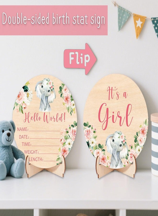 Andrain Double-Sided Wooden Newborn Birth Sign, Girl Pink Floral Elephant Baby Announcement Sign, Hello World Name Sign for Hospital, Gift for New Mom Baby Shower, Photography Prop - Image 2