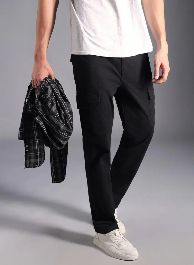 HIGH STAR Men’s Straight Fit Black Cargo Trousers – Trendy and Functional