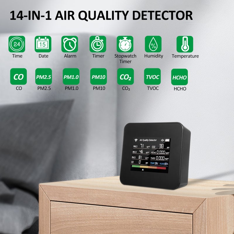 14-in-1 Indoor Air Quality Monitor Tuya WiFi Air Quality Detector Detects CO₂ CO TVOC HCHO Temperature and Humidity PM2.5 PM1.0 PM10 2.8inch TFT Color Display Support Cellphone APP Control with Time - Image 3