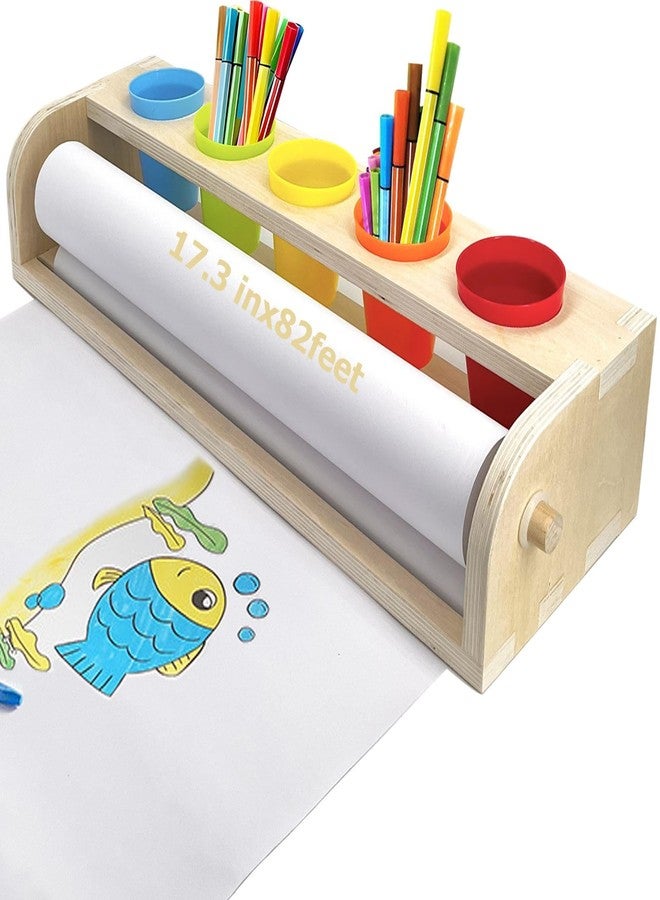 XDONEF Table Top Paper Roll Dispenser with Paper 17.3inx82ft Wooden Tabletop Easel Art Paper Roll for Kids Craft Paper Holder with Pencil and Cups for Coloring Drawing - Image 1