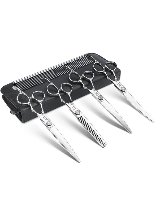 جيسون طقم مقصات العناية بالكلاب من جيسون، مجموعة مقصات احترافية للكلاب 6 في 1 - مقص ترقق 6.5 بوصة، مقص مستقيم 7 بوصة، مقص منحني لأعلى 7 بوصة، مقص منحني لأسفل 7 بوصة ومشط للكلاب والقطط والحيوانات الأليفة (فضي) - Image 1