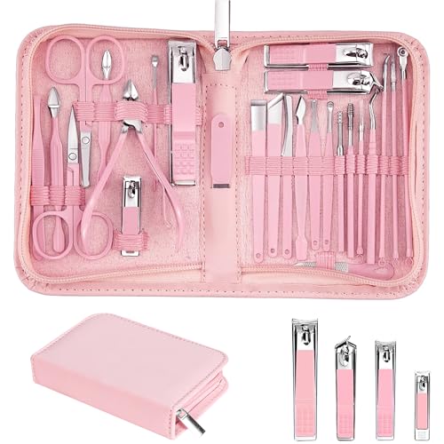 LUCK AROUND Nail Clippers Set, 26 Piece Manicure Set & Pedicure Kit, Stainless Steel Fingernail & Toenail Clipper Cutters, Professional Nail Care Tools with Luxurious Travel Case for Men and Women, Pink - Image 1