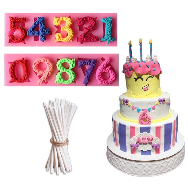 3D Number 09 Letter Silicone Molds with 20Pcs Lollipop Sticks Sugarcraft Chocolate Candy Fondant Mold Candle Resin Cake Decoration Tools for Baby Shower Birthday Party Anniversary