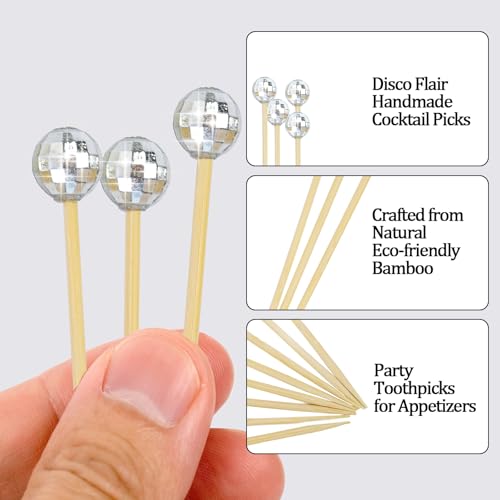 BOKFJBP 100Pcs Disco Ball Cocktail Pick,Silver Mirror Ball Decorative Toothpicks for Appetizers Bamboo Cocktail Skewers 4.7IN Disco Mirror Ball Drink Stirrers for Birthday Wedding 70sTheme Party Supplies - Image 3